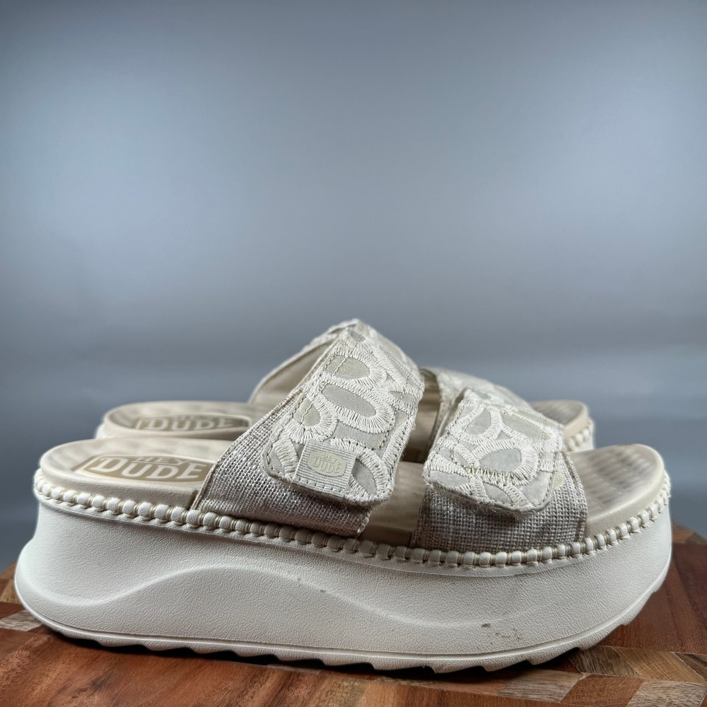 Hey Dude Delray Slide Whipstitch Natural White Platform Sandals Womens Size 9